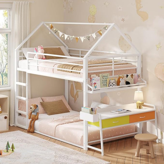 DICTAC Twin Over Twin Low Bunk Bed with Desk and Drawers, White | Metal House Shaped Low Bunk Bed, 2 Storage Drawers, Bookshelf and Side Pocket, Floor Bunk Bed with 13.4''H Safety Guardrail