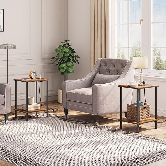 HOOBRO Side Table with Charging Station, Small End Table with USB Port and Outlet, Nightstand with 2-Layer Storage Shelves for Small Spaces, Living Room, Bedroom, Stable Frame, Rustic Brown BF09UBZ01