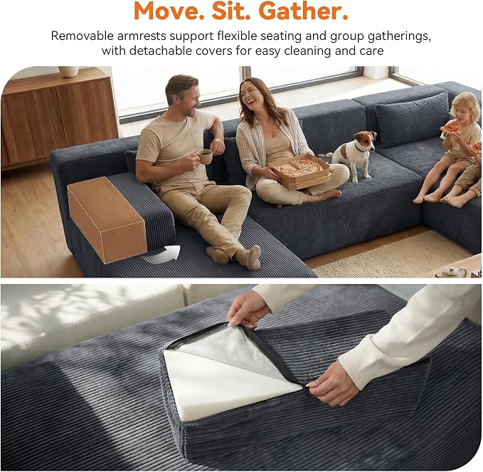 MONVANE 141" U Shaped Cloud Sectional Couch with Chaise Lounge, Modular Sectional Sofa with Removable Armrests, Comfy Corduroy Boneless Couches for Living Room, No Assembly Required, Grey