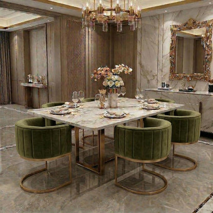 Hyfirm Olive Green and Gold Modern Barrel Dining Room Chairs Set of 6, Velvet Upholstered Accent Chairs with Curved Back for Kitchen Island, Luxury Comfort Seating Cantilever Metal Frame