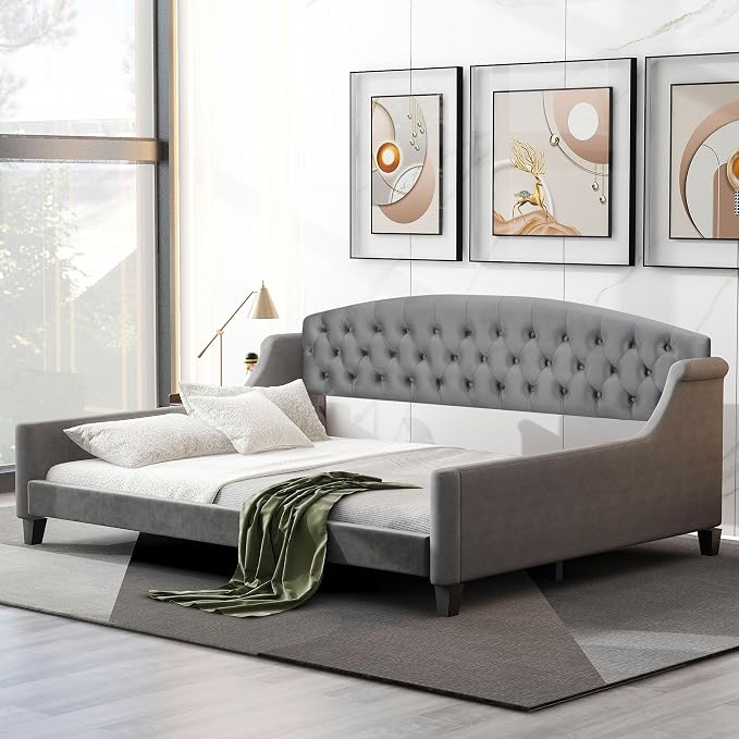 Ball & Cast Full Size Daybed, Velvet Upholstered Day Bed Frame with Button Tufted Backrest,Modern Sofa Bed for Living Room, Bedroom,Guest Room,No Box Spring Needed,Gray