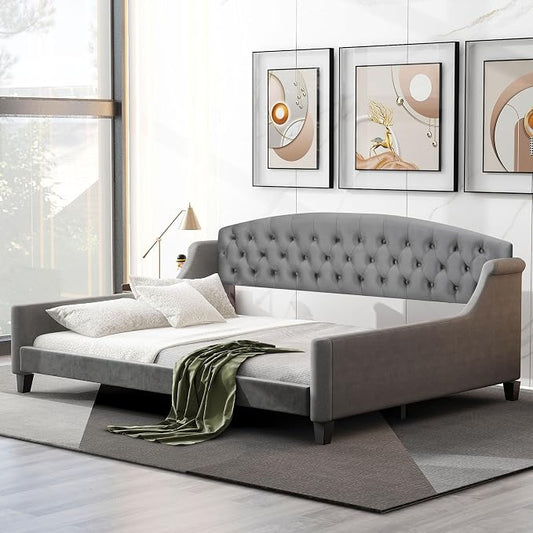 Ball & Cast Full Size Daybed, Velvet Upholstered Day Bed Frame with Button Tufted Backrest,Modern Sofa Bed for Living Room, Bedroom,Guest Room,No Box Spring Needed,Gray