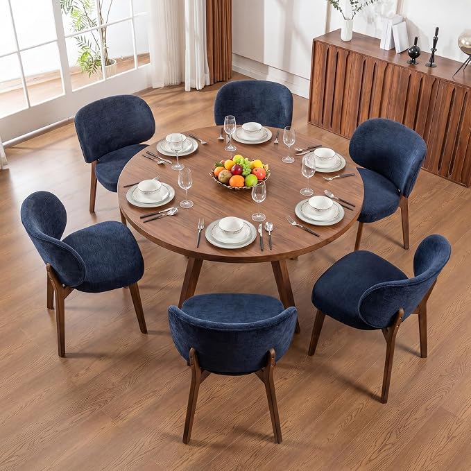 YOUNIKE Dining Chairs Set of 6 Modern Kitchen Dining Room Chairs Navy Blue | Chenille Fabric Upholstered Armless Side Chair with Back Wide Padded Seat with Wooden Leg for Kitchen Dining Living Room
