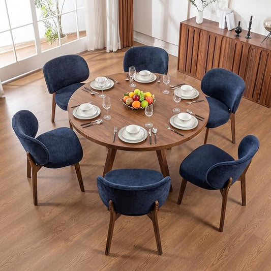 YOUNIKE Dining Chairs Set of 6 Modern Kitchen Dining Room Chairs Navy Blue | Chenille Fabric Upholstered Armless Side Chair with Back Wide Padded Seat with Wooden Leg for Kitchen Dining Living Room