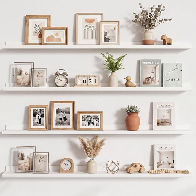 Axeman Picture Ledge Shelf | 55 Inch White Floating Shelves Set of 4 | Rustic Wood Wall Shelves with Lip | 55" White Picture Shelves for Wall with Ledge | Photo Shelves
