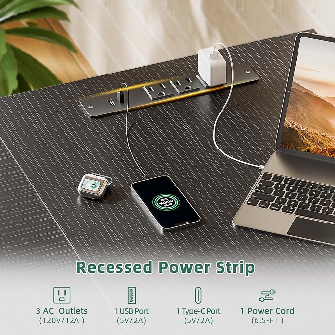 Furologee 63" L Shaped Desk with Power Outlets & USB-C Port, Reversible Corner Computer Desk with 3 Fabric Drawers, Hooks, Large Home Office Desk for Gaming, Writing, Work, Black