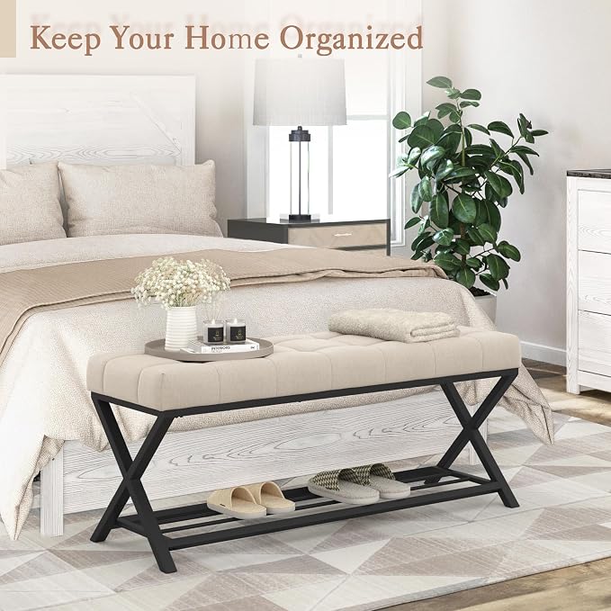 LUE BONA 44.5” End of Bed Bench with Shelf, Linen Tufted Upholstered Storage Shoe Bench, Modern Bedroom Bench with Metal Legs for Living Room, Entryway, Dining Room, 300 LB, Linen Color