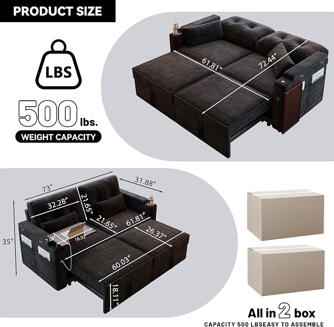 73" Queen Size Sofa Bed, Loveseat Sleeper Sofa with Pull Out Bed, 360° Swivel Table and USB, Modern 2 Seater Convertible Corduroy Couch for Living Room Bedroom Apartment, Black
