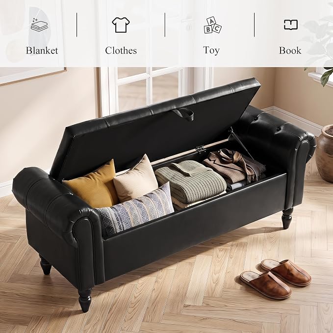 Furniliving 55” End of Bed Bench, Bedroom Bench with Button-Tufted, Large Upholstered Storage Ottoman Entryway Bench with Storage Shoe Cabinet Bench, for Bedroom, PU, Black