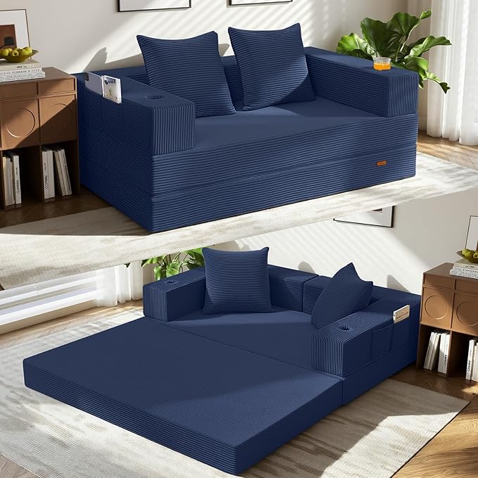 COMAX Futon Sofa Bed, Convertible Sofa Bed, Folding Boneless Couches | Boneless Couch for living room, 4‑in‑1 Fold Out Small Foldable Loveseat Floor Sleeper Mattress Lounge Space‑Saving, Navy