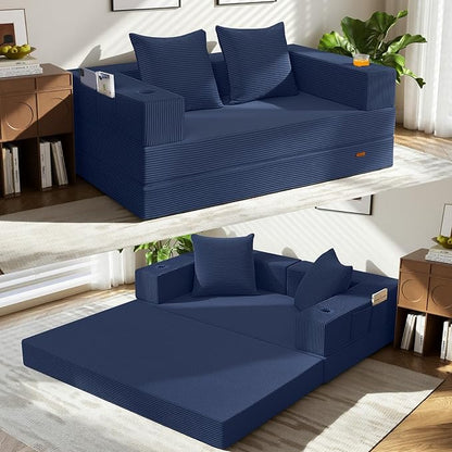 COMAX Futon Sofa Bed, Convertible Sofa Bed, Folding Boneless Couches | Boneless Couch for living room, 4‑in‑1 Fold Out Small Foldable Loveseat Floor Sleeper Mattress Lounge Space‑Saving, Navy