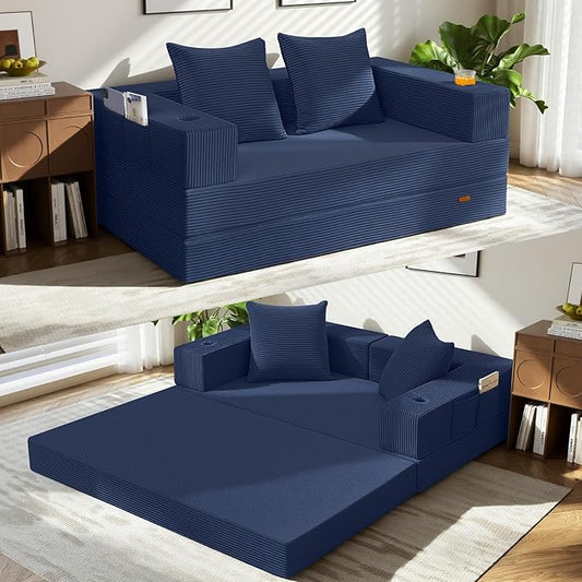COMAX Futon Sofa Bed, Convertible Sofa Bed, Folding Boneless Couches | Boneless Couch for living room, 4‑in‑1 Fold Out Small Foldable Loveseat Floor Sleeper Mattress Lounge Space‑Saving, Navy