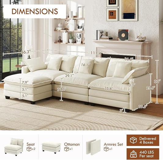 WorthFurni 111.4” Cloud Couch, Modular Sectional Sofa with Ottoman, Comfy Modern 3-Seater Couches with Pillows & Upholstered Deep Seat Cushion for Apartment Living Room Bedroom （Beige）