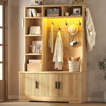 CSZZD Hall Tree with Bench and Shoe Storage, Fluted Entryway Bench with Coat Racks and Led Lights, 69" Tall Wood Hall Tree with 7 Coat Hooks, 6 Storage Cubbies, Adjustable Shelf