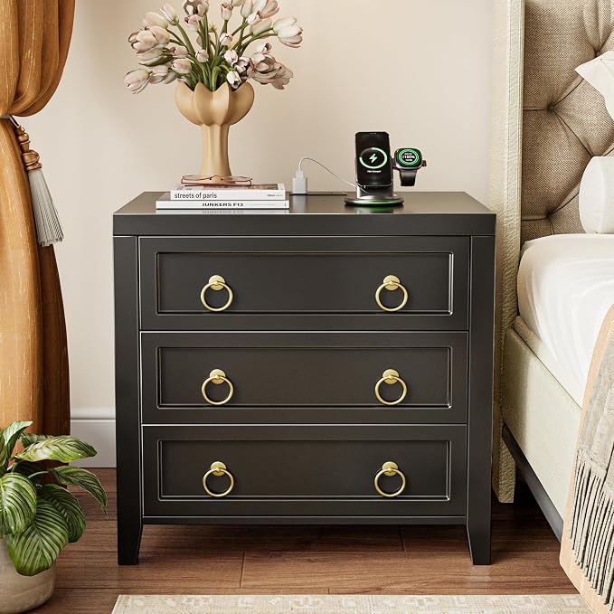 Huuger 23.6 Inch Night Stand with Charger Station and USB-C Port, 3 Drawer Nightstands Set of 2, Larger Wider Bedside Table, Modern End Table, for Bedroom, Black Nightstand