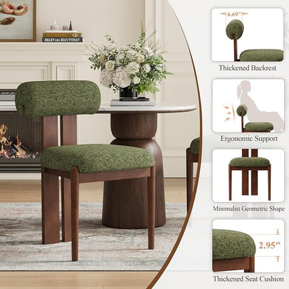 MALOL Modern Wooden Dining Chairs Set of 6, Upholstered Fabric Kitchen Chairs with Sculptural Backrest, Mid-Century Farmhouse Dining Room Chairs with Solid Wood Legs, Green
