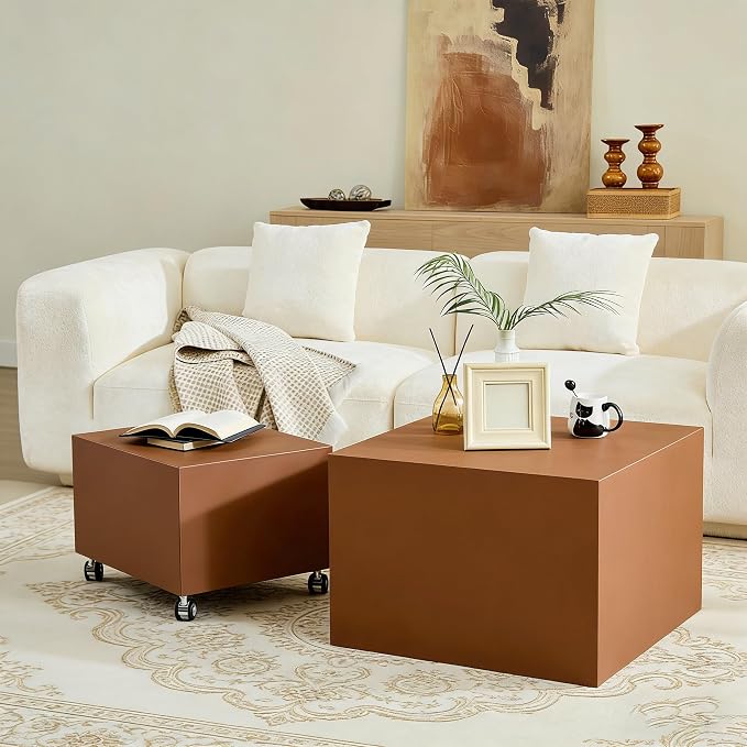 Rolling Modern Coffee Table Set of 2 with Wheels, Leather Square Coffee Table and End Table Sets, Minimalist Center Table, Luxury Wooden Cube Side Table for Living Room Bedroom Apartment,Brown