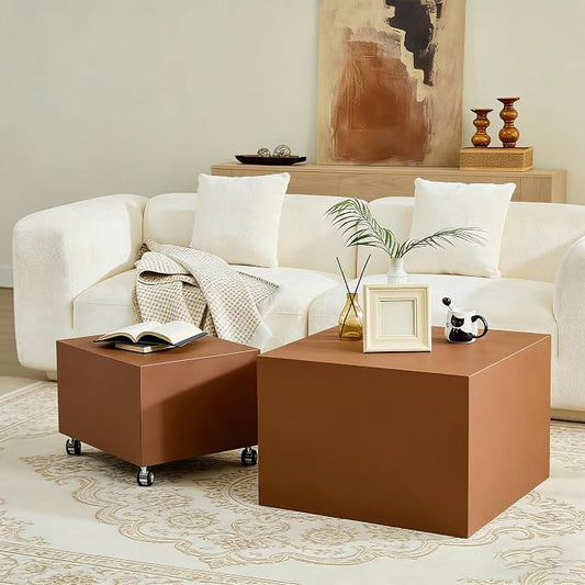 Rolling Modern Coffee Table Set of 2 with Wheels, Leather Square Coffee Table and End Table Sets, Minimalist Center Table, Luxury Wooden Cube Side Table for Living Room Bedroom Apartment,Brown