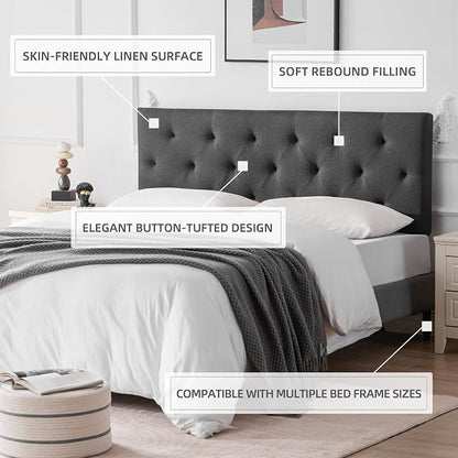 Linen Headboard King Size, Adjustable Height Headboard 37-51 in, Dark Gray | Diamond Tufting Solid Wood King Headboards, Durable Metal Legs, Upholstered King Head Board for Bed Frame, Modern Fabric