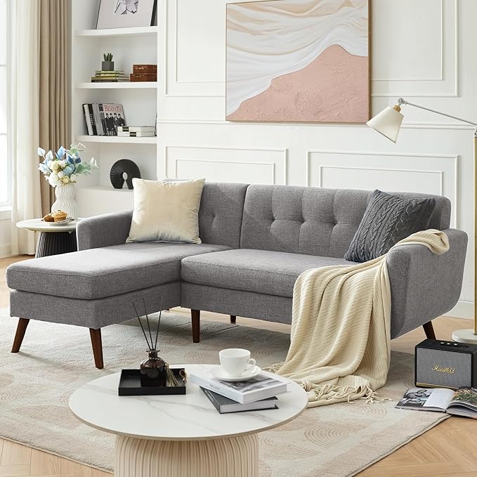 Kingfun L Shaped Couch, 80" W Mid-Century Modern Sofa, Sectional Couches, 3 Seater Sofas with Wide Chaise Lounge, Button Tufted Upholstered Sectional Sofa for Living Room, Bedroom, Gray