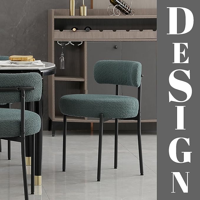 DYHOME Boucle Dining Chairs Set of 4, Upholstered Kitchen Dining Room Chairs, Side Chairs with Thick Cushions and Metal Legs for Kitchen Living Room, Green