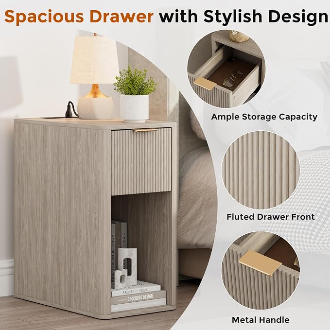 Homleke Narrow End Table with Fluted Drawer and Charging Station, Small Nightstand with USB Ports & Outlets, Bedside Table for Bedroom or Living Room, Modern Accent Table, Light Gray Oak