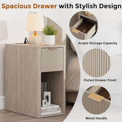 Homleke Narrow End Table with Fluted Drawer and Charging Station, Small Nightstand with USB Ports & Outlets, Bedside Table for Bedroom or Living Room, Modern Accent Table, Light Gray Oak