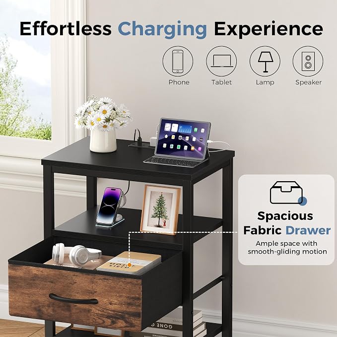 DUMOS 3-Tier Storage, Bed Side Tables with Wireless Charging Station, End Tables with Adjustable Fabric Drawers, Nightstand Set of 2, Modern Design, Black Rrown