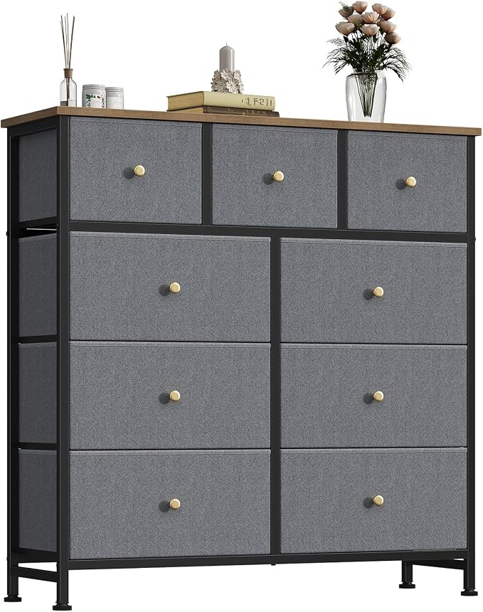 OLIXIS 9 Drawer Storage Dresser with Wood Top - Wide Fabric Chest Organizer for Bedroom, Closet, Living Room,Tower Cabinet, TV Stand, Hallway Entryway Furniture,Gray Blue