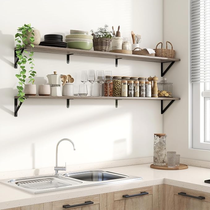 Axeman 55 Inch Floating Shelves | 8 Inch Deep Grey Wall Shelves Set of 2 | 55" W x 8" D Rustic Grey Wood Shelves for Bathroom Kitchen Living Room