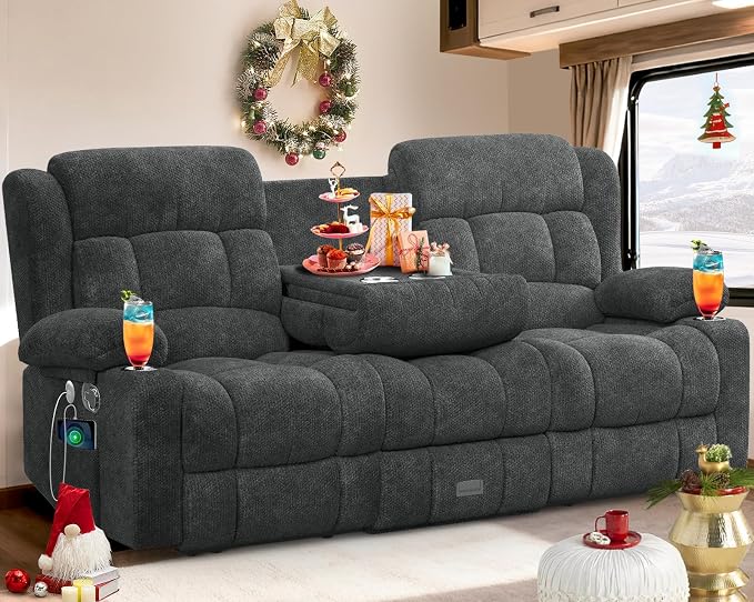 RV Loveseat Recliner Sofa, 3 Seater Reclining Sofa with Flip Back Console, Modern Reclining Couch with USB Ports, Cup Holders, Insert Pockets, RV Recliners for Travel Trailers & Living Room