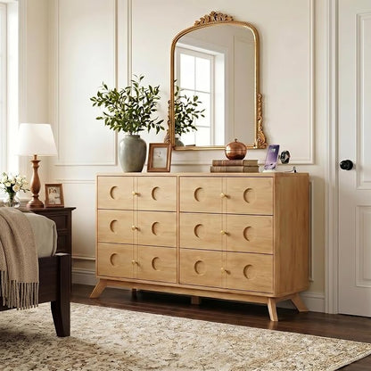 Gyfimoie Dresser for Bedroom with 6 Drawers, 47.2" W Modern Chest of Drawers with Power Outlet, Wooden Dresser TV Stand, Wood Closet Clothes Storage Organizer for Living Room, Hallway, Natural Oak