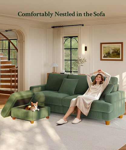 Welzona 87.2" Couches for Living Room, Comfy L Shaped Couch Green 7.5" Thicker Cushion, Sofas for Living Room Tool-Free Setup, Loveseat with Ottoman 848lbs Support, Corduroy Couch for Bedroom, Office