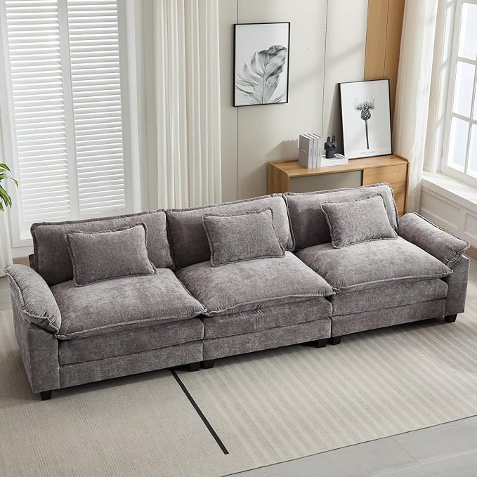 Oprisen 120" Modular Sectional Sofa, Comfy Cloud Couch Sectional Sofa, Chenille Sofa Sleeper Deep Seat Sofa with Throw Pillows for Living Room (Light Gray, 120"- 3 Seater)