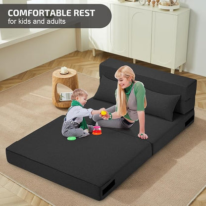 SUYOLS Folding Sofa Bed with Pillows- Convertible Chair Floor Couch & Sleeping Mattress, Foldable Memory Foam Sleeper for Living Room/Dorm/Guest Room/Home Office/Apartment/Loft, Twin, Dark Gray