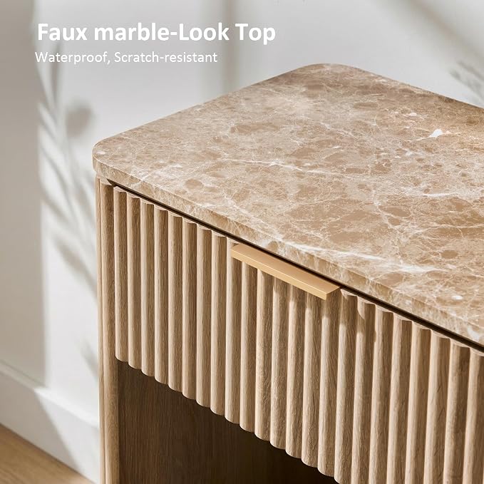 Fluted Nightstand Set of 2, 23" W Night Stand with Drawer, Wood Bed Side Table with Faux Marble-Top, Curved Corner, Metal Handle, Modern Bedside Table for Bedroom, Living Room, Office, Natural Oak