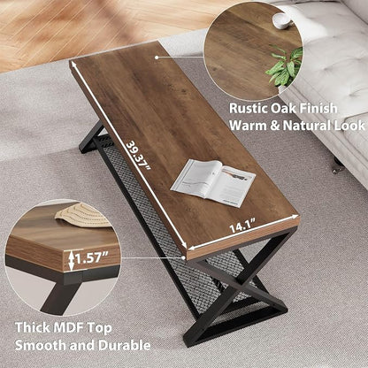 LVB Entryway Shoe Bench with Storage, 39” Entryway Bench for Foyer Hallway, Farmhouse Wood and Metal Indoor Bench for Entrance, Shoe Rack Storage Bench with Sitting for Living Room, Rustic Oak, 39 in