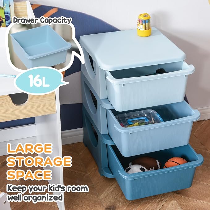 Qaba 3 Drawers Kids Storage Unit, 3 Tier Stackable Toy Organizers and Storage Chest for Bedroom, Nursery, Playroom, Living Room, Boys, Girls, Toddlers, Blue