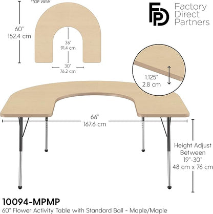 FDP Horseshoe Activity School and Office Table (60 x 66 inch), Standard Legs with Ball Glides for Collaborative Seating Environments, Adjustable Height 19-30 inches - Maple Top and Maple Edge