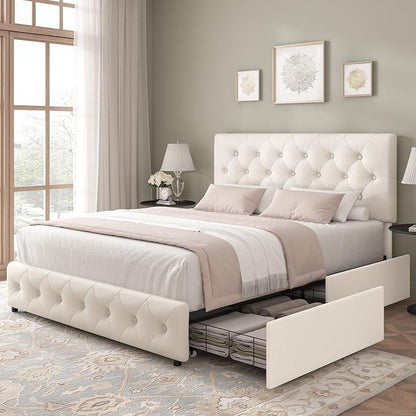Keyluv Queen Size Upholstered Platform Bed Frame with 4 Storage Drawers, Modern Beige Fabric Bed with Adjustable Button Tufted Headboard, Solid Wooden Slat Support, Easy Assembly