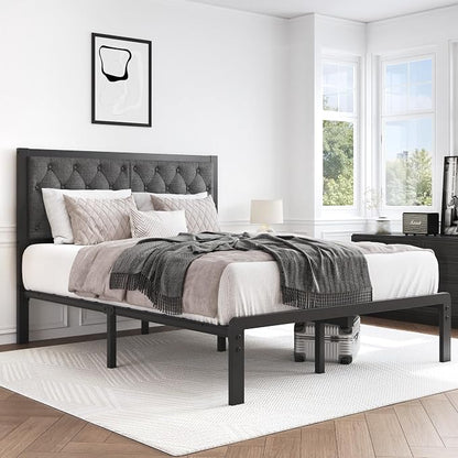 HISOFT Full Bed Frame with Upholstered Button Tufted Headboard, Bed Frame Platform Metal Slats Support, Under Bed Storage, No Box Spring Needed, Noise-Free, Easy Assembly, Grey