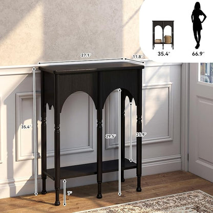 Console Table with Storage Shelf Set of 2, Retro Modern 2-Tier Entryway Table, Narrow Sofa Table with Roman-Style Legs for Living Room, Hallway, Black
