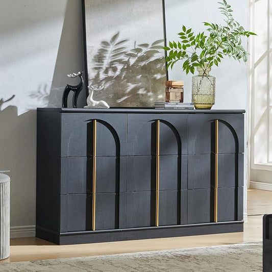 ACCOHOHO Arched Dresser for Bedroom with 9 Drawers, 52" Wide Modern Chest of Drawers with Rounded Edge & Metal Handles, Wood Storage Closet Dressers TV Stand for Living Room, Hallway, Black