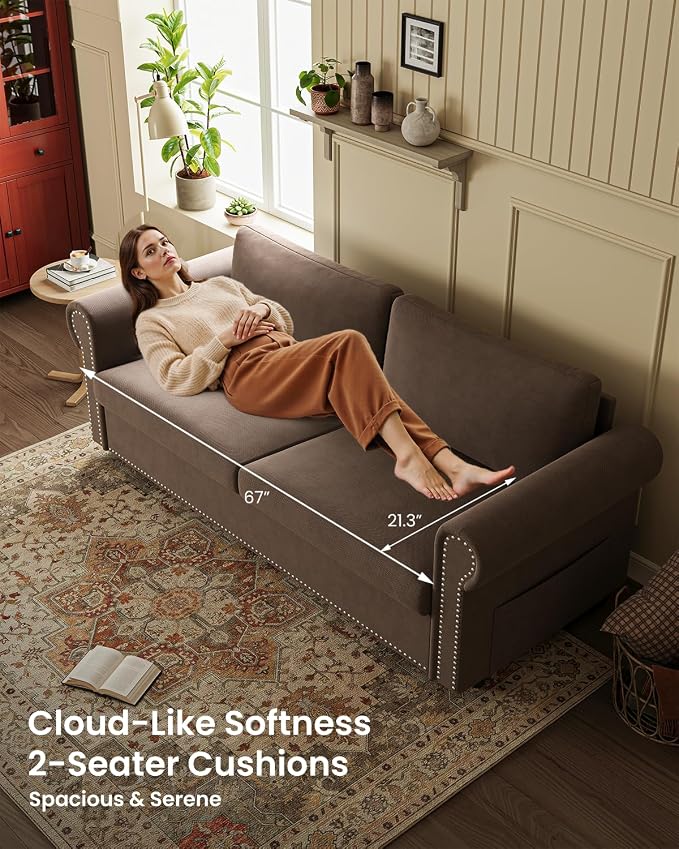 Queen Pull Out Sofa Bed | 83" Large Sleeper Sofa with Queen Size Mattress | 2-in-1 Convertible Loveseat Sofa-Bed with USB Ports Side Pockets Brown