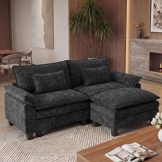 URRED Oversized Modular Sectional Sofa, 87" L Shaped Modern Comfy Cloud Couch with Movable Ottoman & Pillows, Deep Seat Couches for Living Room, Bedroom or Apartment (Chenille Black, 87" L Shaped)