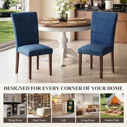 MALOL Dining Chairs Set of 4, High Back Dining Chair with Wood Legs and Nailhead Trim, Modern Padded Kitchen Room Chairs for Dining Room/Restaurant, Dark Blue