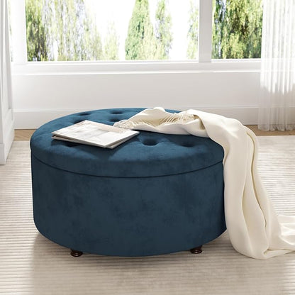 30 Inch Round Storage Ottoman,Modern Blue Tufted Ottomans,Circular Coffee Table with Removable Top,Upholstered Large Ottoman with Storage Footrest Stool for Bedroom Living Room (Blue)
