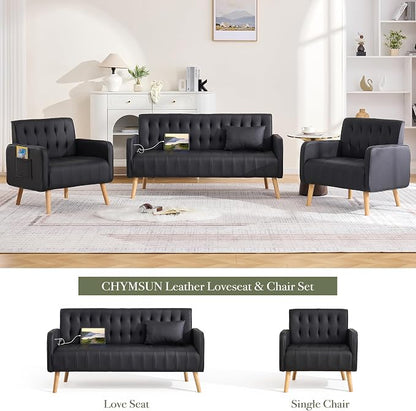 57” W Loveseat Sofa, Small Black Faux Leather Couch w/USB Charging Ports & Pockets, Mid Century Modern Tufted Love Seat Couches, Mini Office Sofa Couch for Small Spaces, Bedroom, Apartment