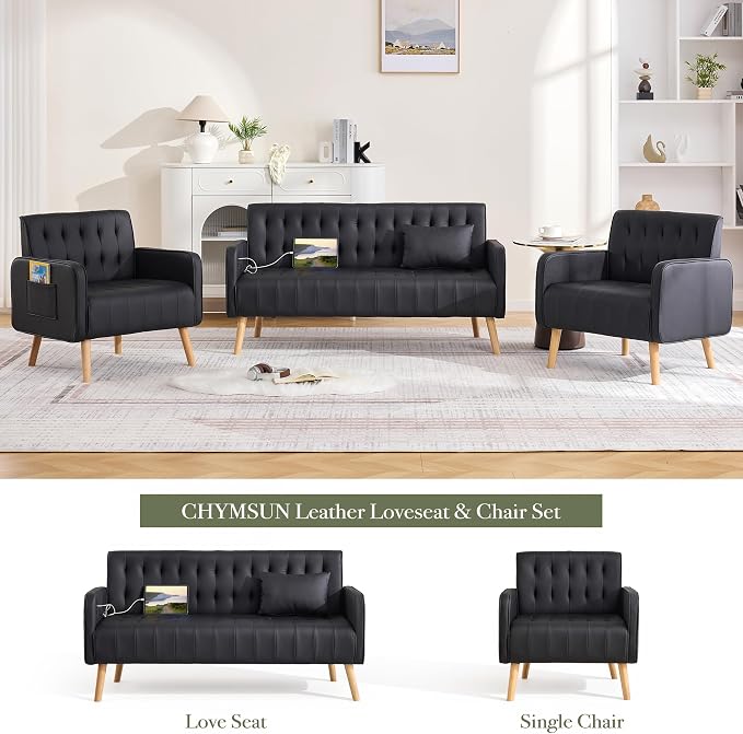 Black Leather Loveseat and Accent Chair, Small Couch w/USB Charging & Pockets, Mid Century Modern Tufted Love Seat and Chair Set, Mini Office Sofa for Living Room, Apartment