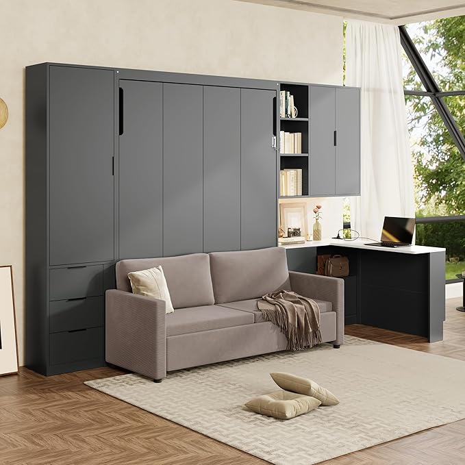 Merax Queen Size Wood Murphy Bed with Upholstered Sofa & Desk, Multifunctional Foldable Wall Platform Bed w/USB Charging Station for Guest-Room, Bedroom, Space Saving, Gray +Beige